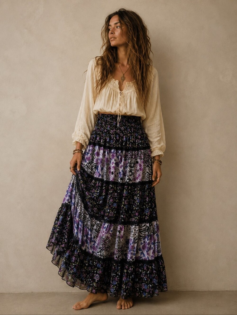 Vintage Beechers Brook Tiered Boho Maxi Skirt Size L Purple Floral Peasant Skirt